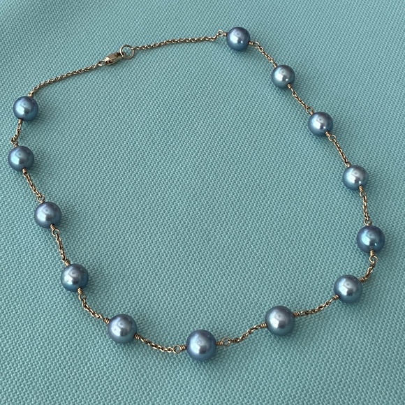 VINTAGE 14K Gold Blue Pearl Tin Cup Necklace - Picture 1 of 16